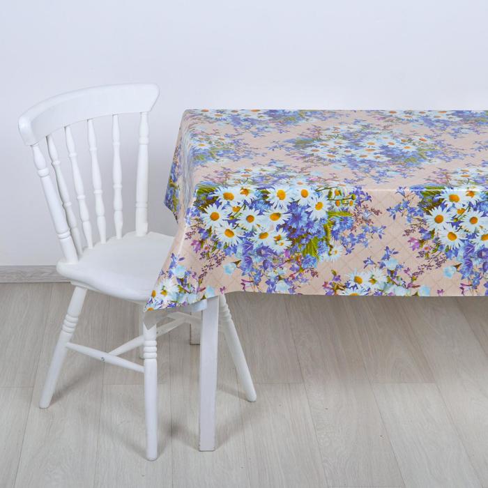 Клеенка столовая на ткани, ширина 125 см "Ромашки и полевые цветы", рулон 25 метров