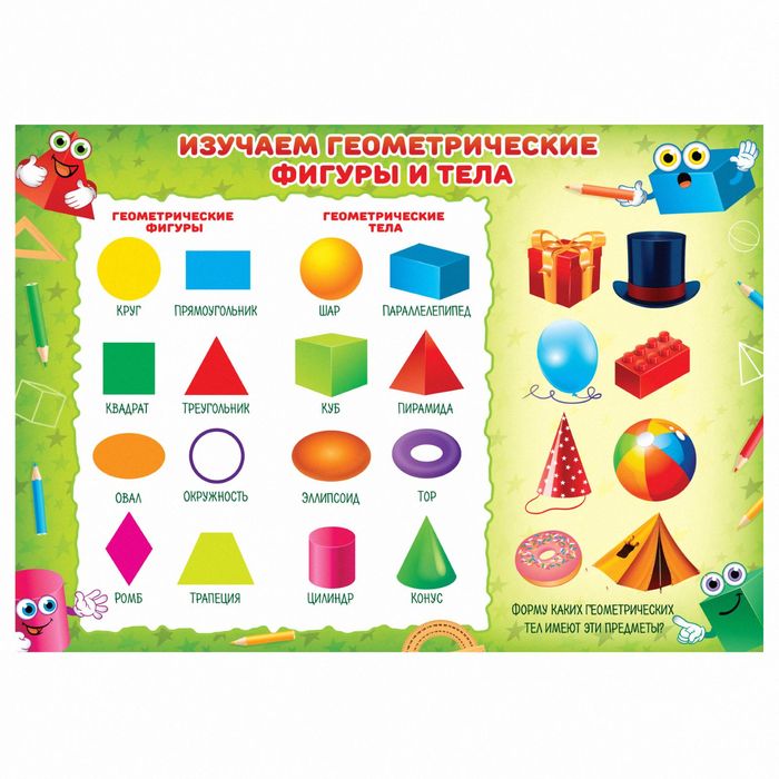Плакат обучающий А4 "Изучаем геометрические фигуры и тела"