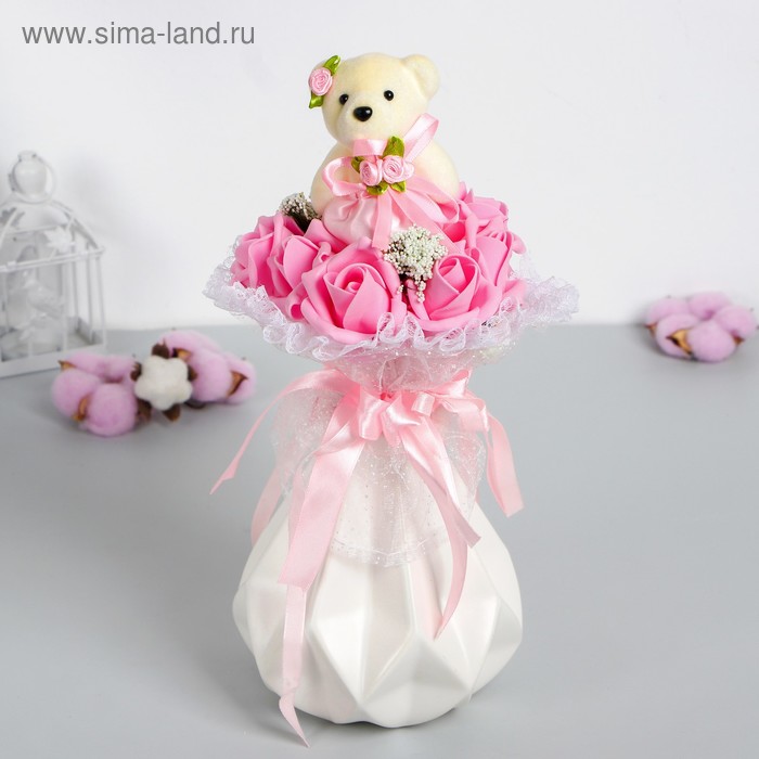 Букет «От всего сердца», с мишкой, 9 цветков, цвет розовый