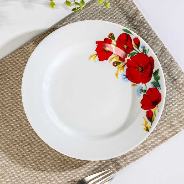 Тарелка фарфоровая «Маки красные», d=20 см, белая тарелка мелкая маки красные d 20 см 1 шт