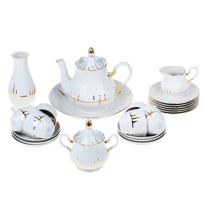 Сервиз чайный "Солнечный", 23 предмета: чайник 1,75 л, сахарница 600 мл, сливочник 350 мл, 6 чашек 250 мл, 6 блюдец 15 см, ваза 21 см, сухарница 27 см, 6 тарелок 17 см