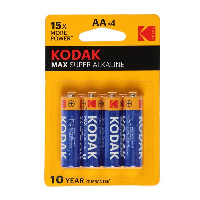 Батарейка алкалиновая Kodak Max, AA, LR6-4BL, 1.5В, блистер, 4 шт. kodak батарейка алкалиновая kodak max ag8 lr1120 391 lr55 10bl 1 5в блистер 10 шт