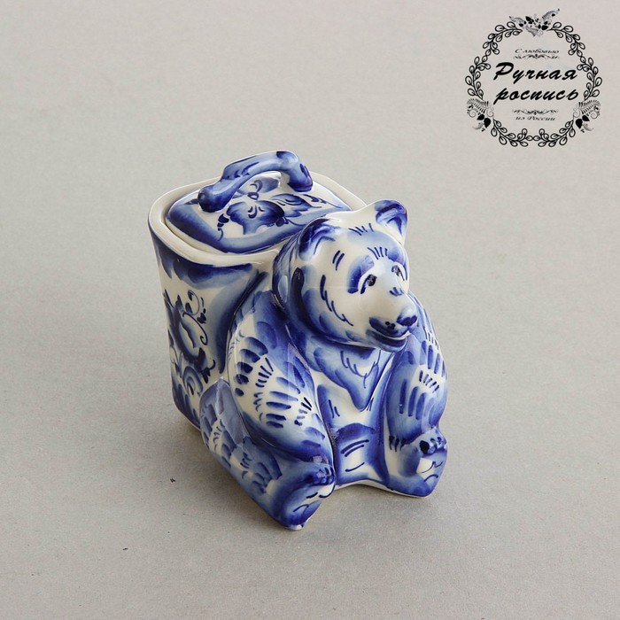 Сувенир «Медведь с лукошком», гжель, кобальт