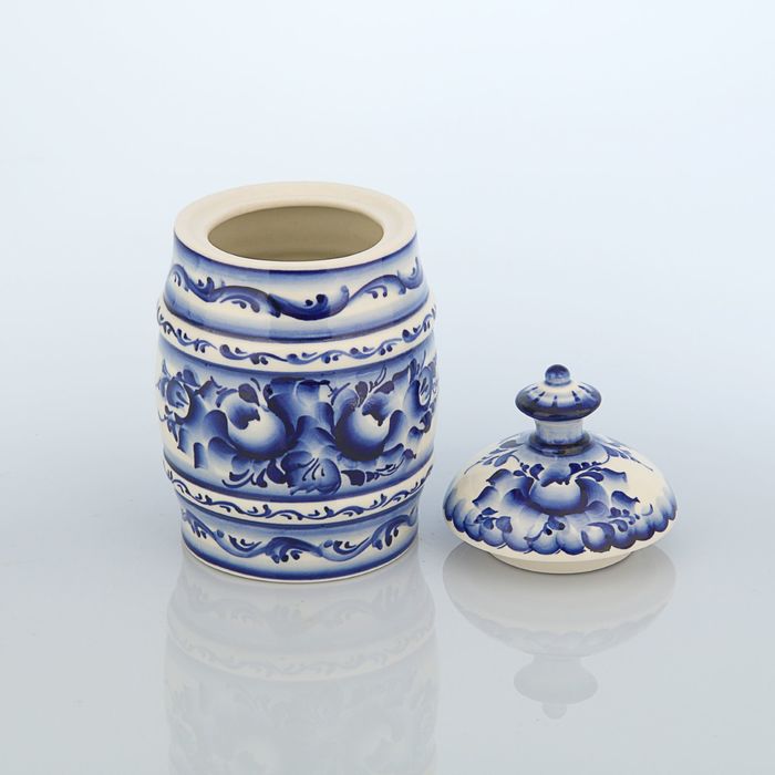 Банка «Бочонок», гжель, кобальт, микс