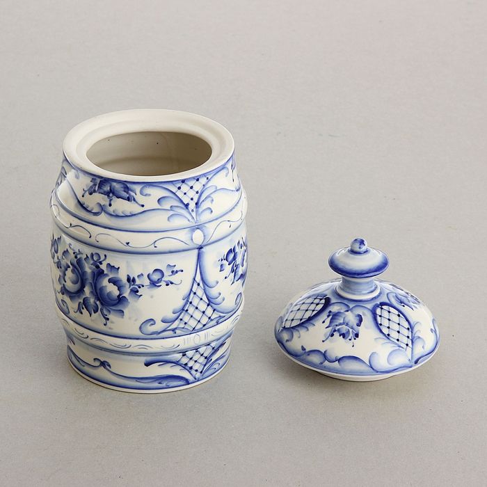 Банка «Бочонок», гжель, кобальт, микс