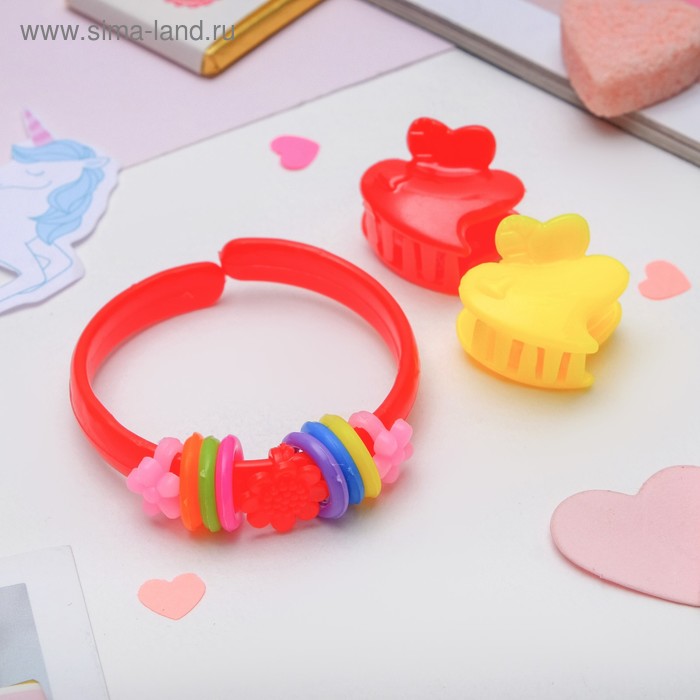 фото Комплект детский "выбражулька" 3 предмета: 2 крабика, браслет, сердечко, цвет микс