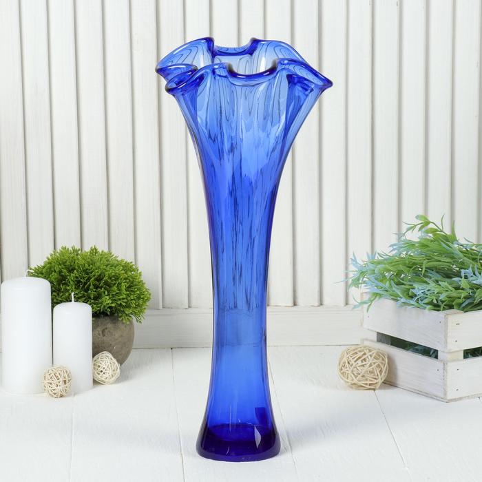 ваза Волна h 400 мм. из синего стекла (без декора)