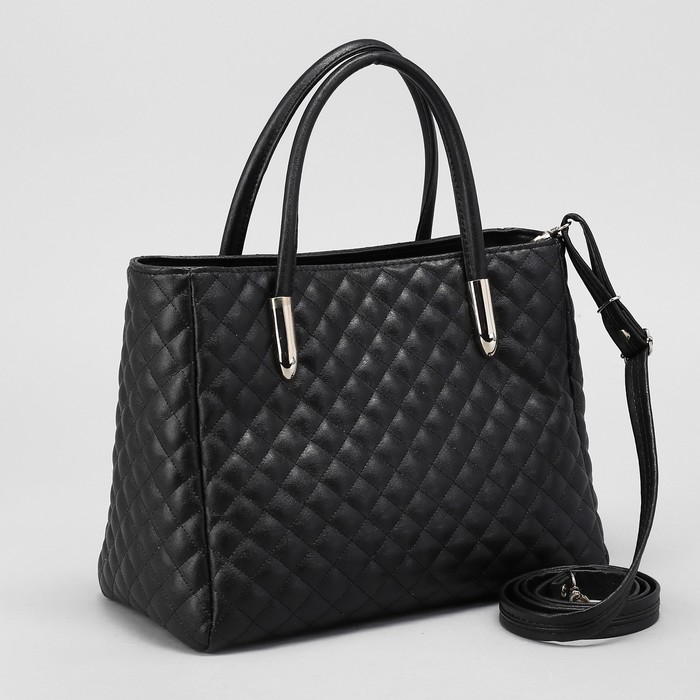 Сумка женская на молнии, 1 отдел, наружный карман, длинный ремень, стёжка, чёрная