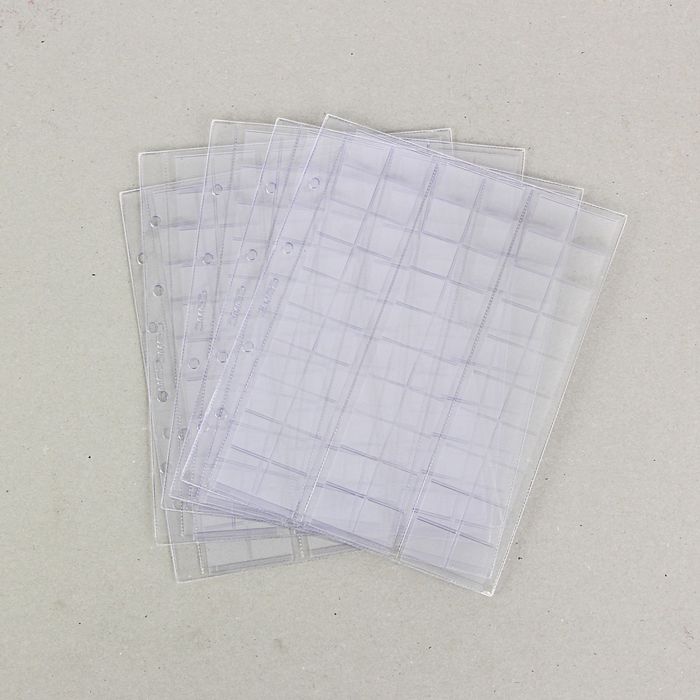 Комплект листов для монет, 5 штук, 200х250мм, на листе 60 ячеек 22х21мм, скользящий