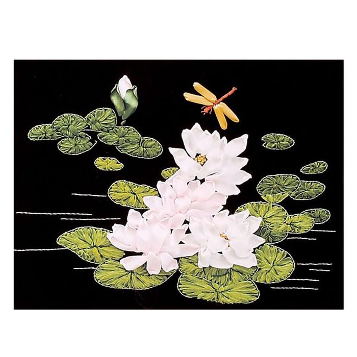 Набор для вышивания лентами "Лотосы", черный фон, размер основы 40*50 см