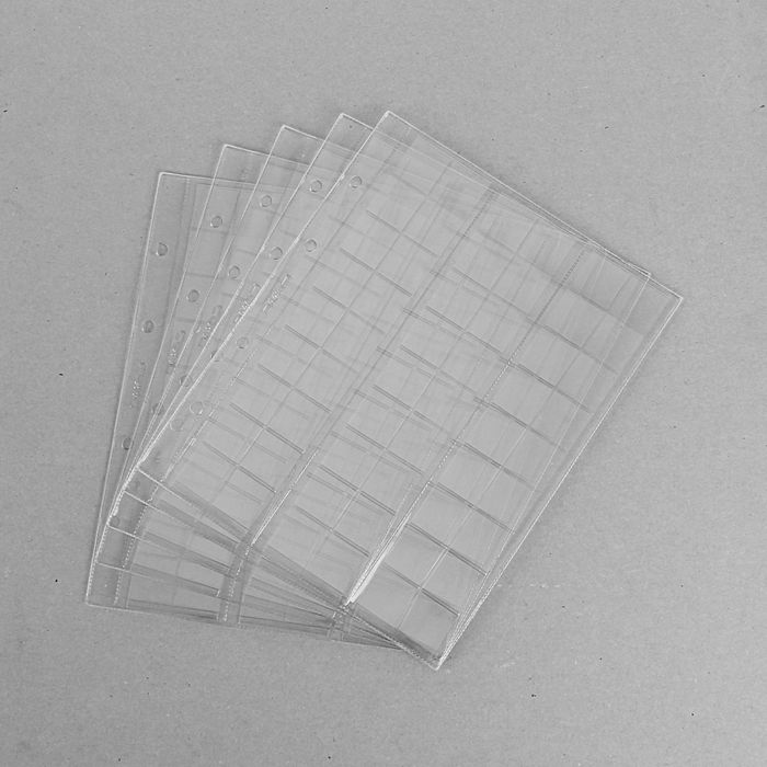 Комплект листов для монет, 5 штук, 200х250мм, на листе 54 ячеек 24х25мм, скользящий