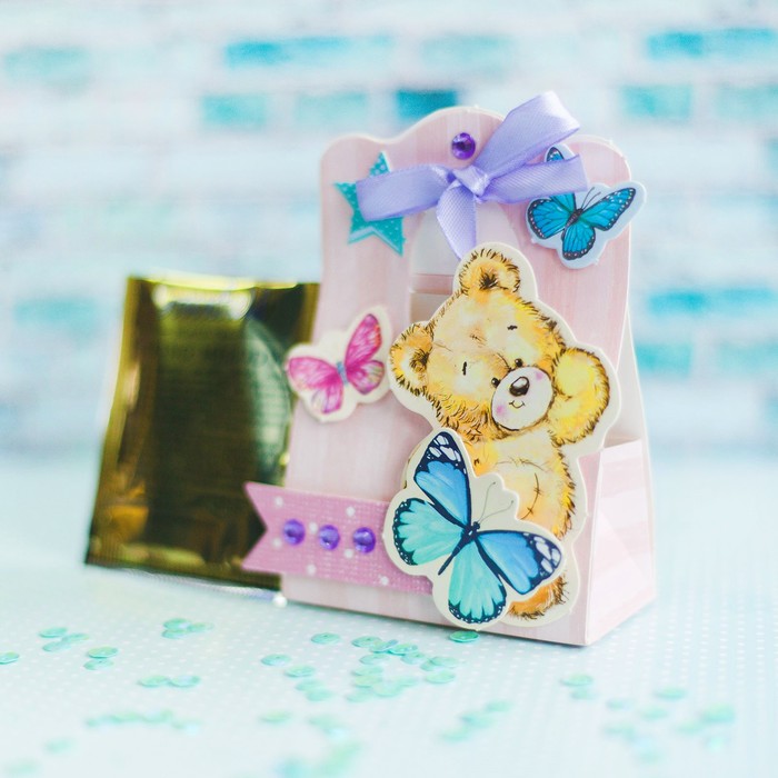 Набор для создания "чайных" открыток из бумаги "Мишка с бабочками" + декор