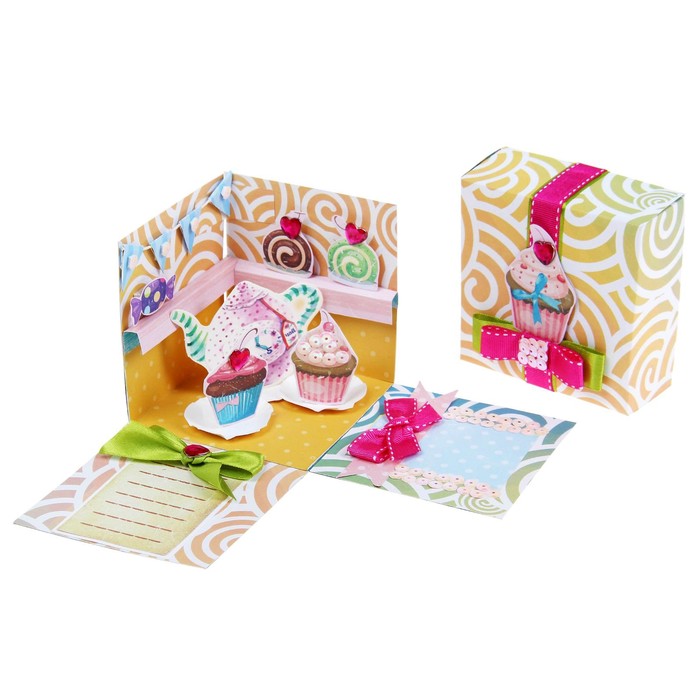 Коробочка с пожеланиями своими руками "Пирожное", 3 листа с элементами + декор