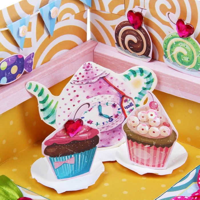 Коробочка с пожеланиями своими руками "Пирожное", 3 листа с элементами + декор