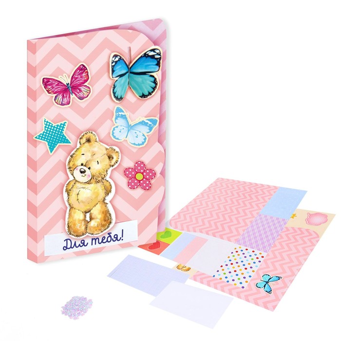 Набор для создания "чайных" открыток из бумаги "Мишка с цветами" + декор