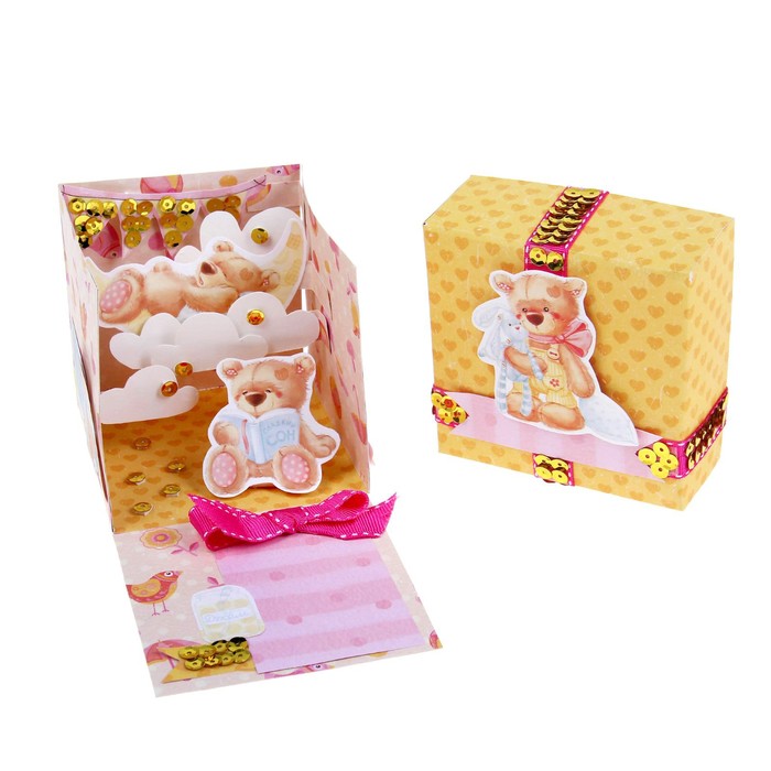 Коробочка с пожеланиями своими руками "Медвежата", 3 листа с элементами + декор