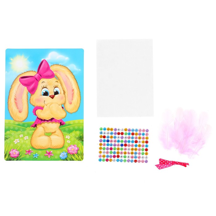 Аппликация перьями и стразами "Зайка"+ бантик