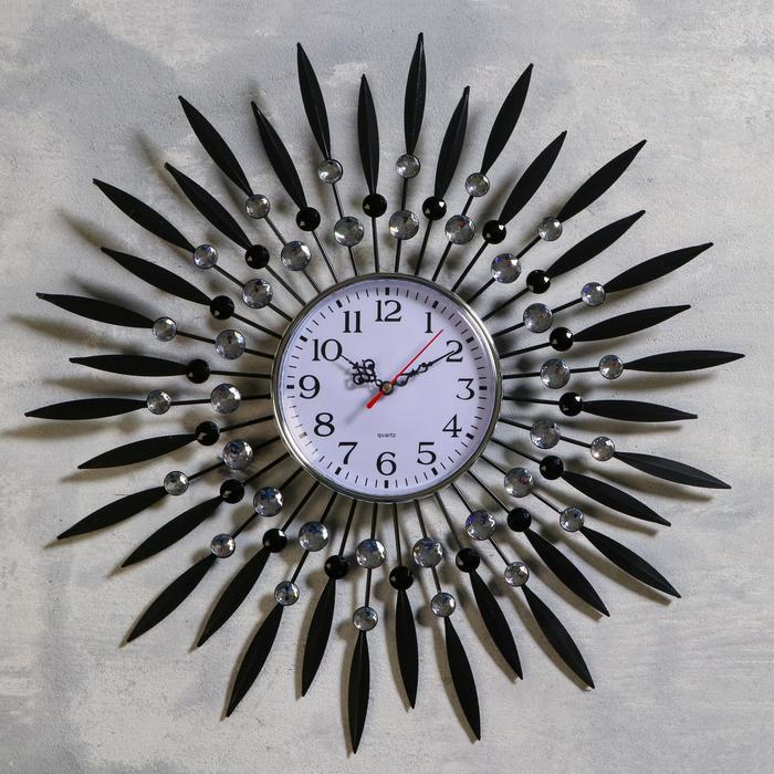 фото Часы настенные, серия: ажур, "лучи-перья", чёрные, d=50 см quartz