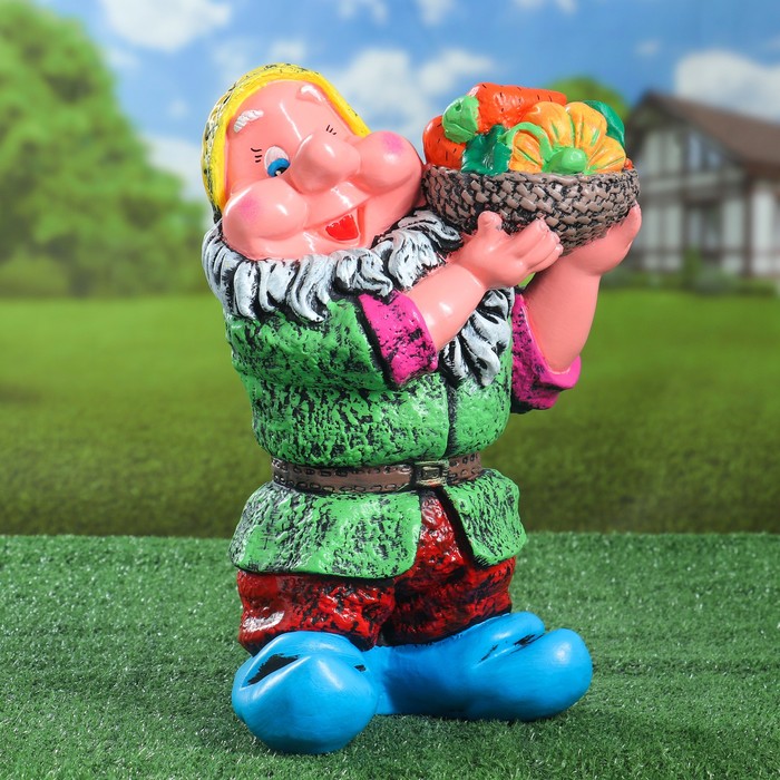 Садовая фигура "Гном с овощами", жёлтый колпак, 37 см