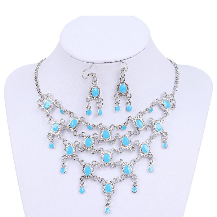 Набор 2 предмета: серьги, колье "Овалы в сетке", цвет голубой в серебре