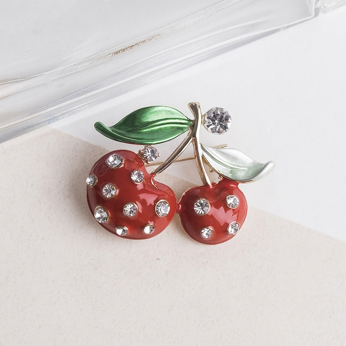 Брошь "Вишенка", цвет красно-зелёный в золоте