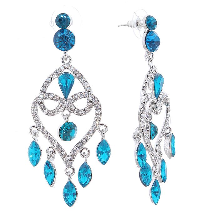 Серьги висячие со стразами "Капли" каскад, цвет бело-синий в серебре