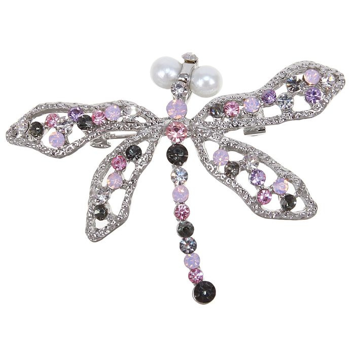 Брошь "Стрекоза" с жемчужиной, цветная в серебре