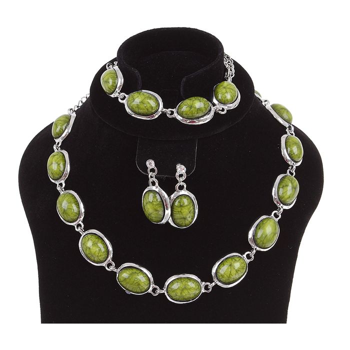 Набор 3 предмета: серьги, колье, браслет "Овал" цвет змеевик в серебре