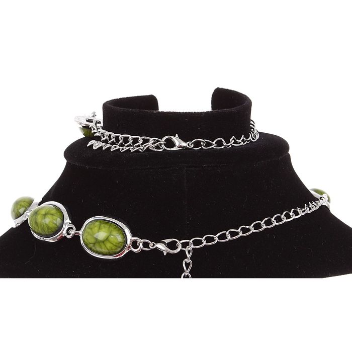 Набор 3 предмета: серьги, колье, браслет "Овал" цвет змеевик в серебре