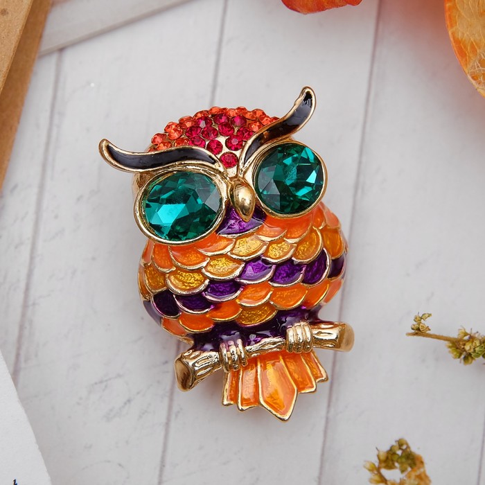 Брошь "Сова", цветная в золоте