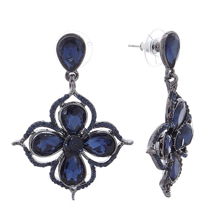Серьги со стразами "Цветок четырёхлистный", цвет тёмно-синий в чернёном серебре