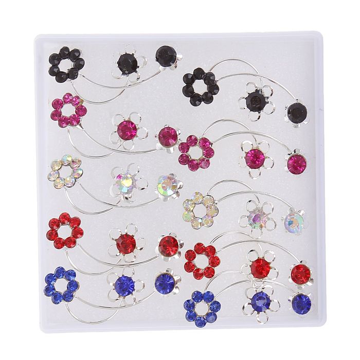 Пусеты в коробочке 5 пар "Дорожка цветов", цвет МИКС в серебре