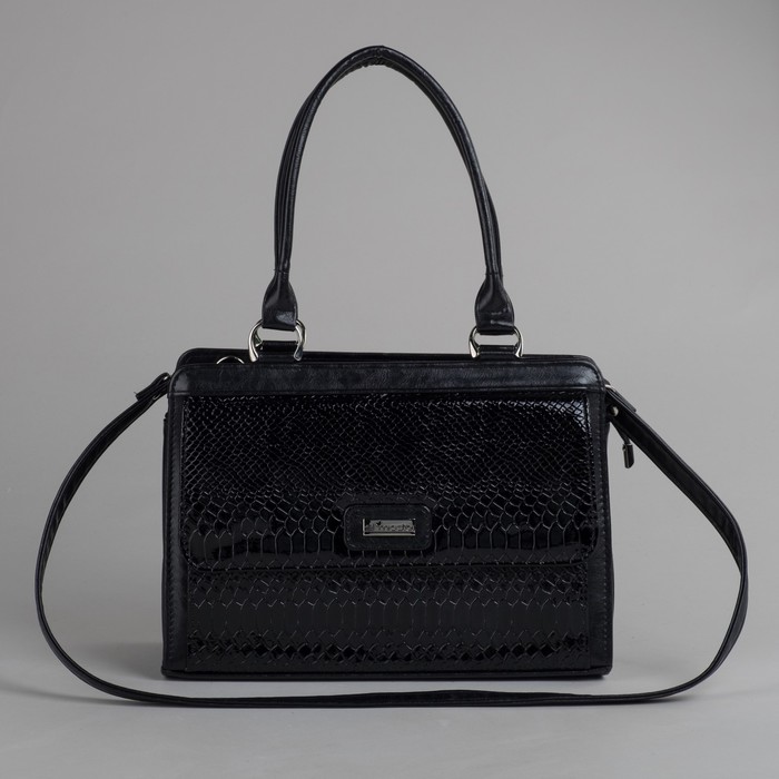 Сумка женская на молнии, 2 отдела, 2 наружных кармана, длинный ремень, комбинированная, чёрная