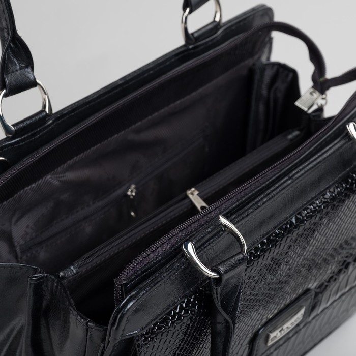 Сумка женская на молнии, 2 отдела, 2 наружных кармана, длинный ремень, комбинированная, чёрная