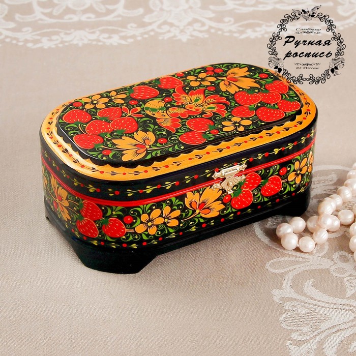 Шкатулка «Птица», овальная, хохлома, ручная роспись, 17×10 см, чёрная