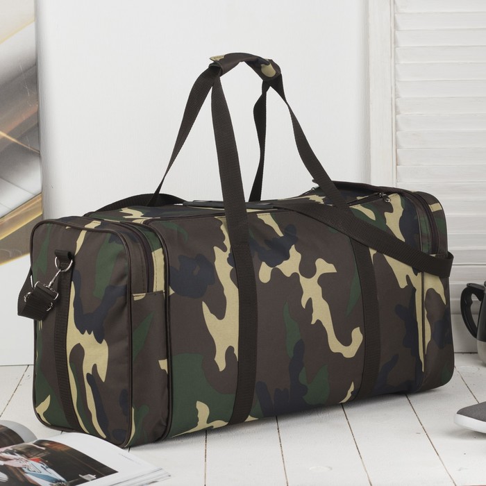 Сумка дорожная на молнии "Камуфляж", 1 отдел, 3 наружных кармана, длинный ремень, хаки/коричневый