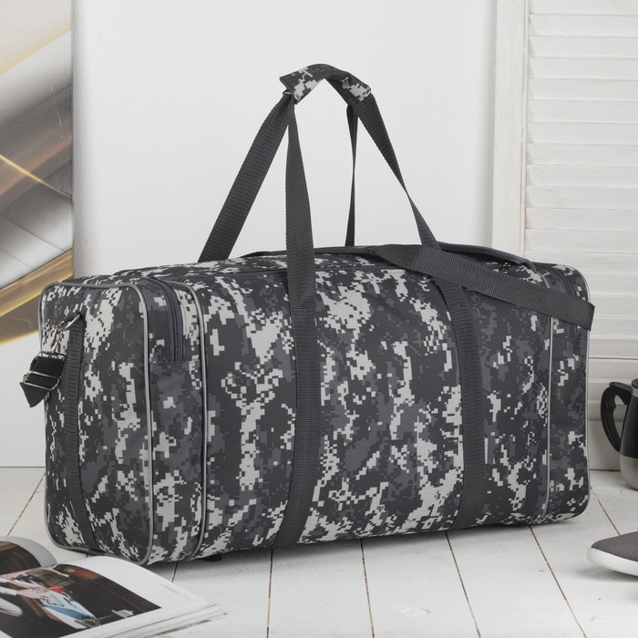 Сумка дорожная на молнии "Камуфляж", 1 отдел, 3 наружных кармана, длинный ремень, серая