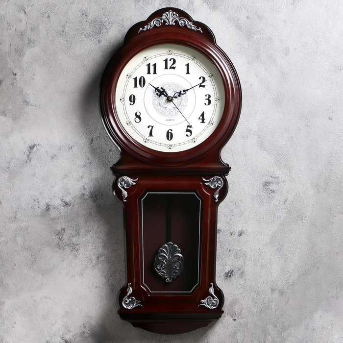 Часы настенные с маятником "Серия Элея. Классика стиля", тёмно-коричневые, серебристые узоры лепнина