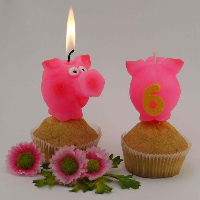 Свеча для торта цифра "Весёлый поросёнок" розовая "6"