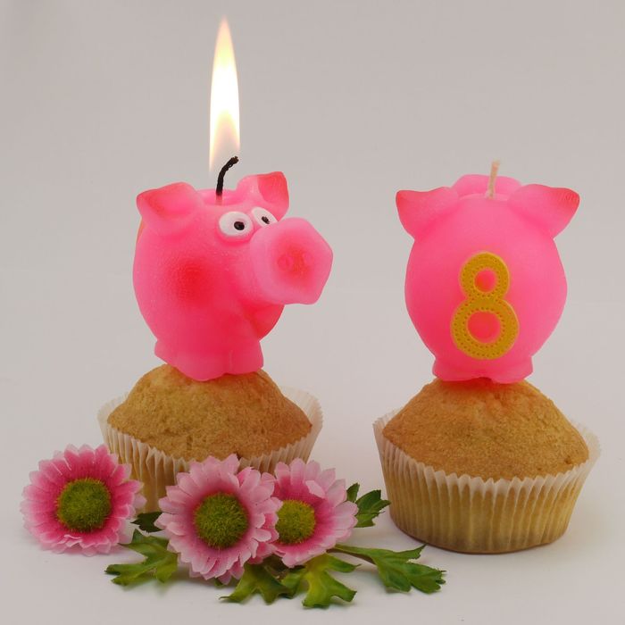 Свеча для торта цифра "Весёлый поросёнок" розовая "8"