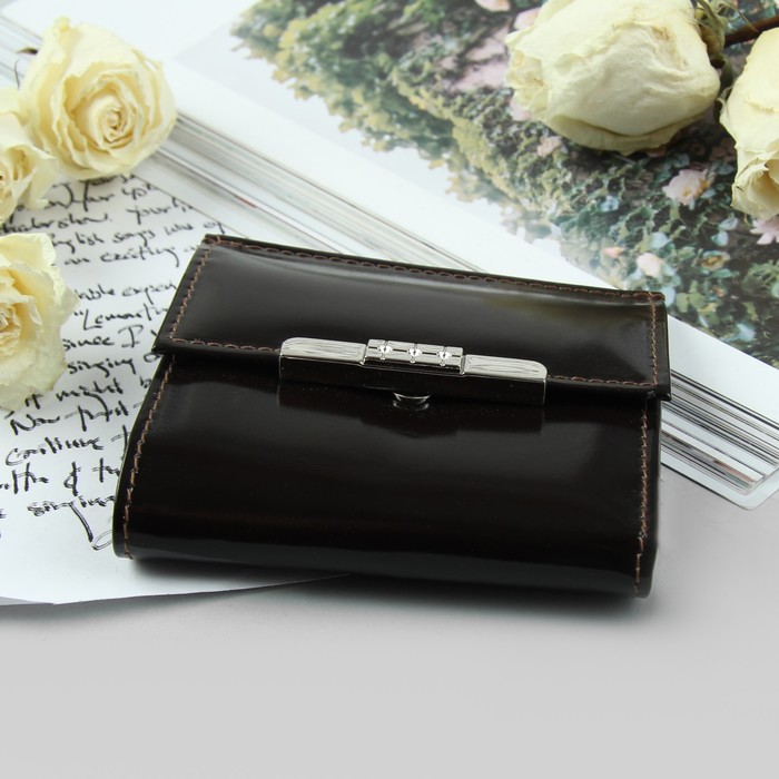 Кошелек женский, 2 отдела, для карт, для монет, цвет тёмно-коричневый глянцевый