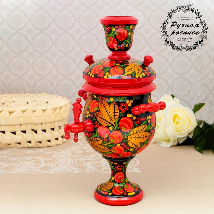 Сувенир «Самовар», декоративный, 30 см, чёрный фон, хохлома