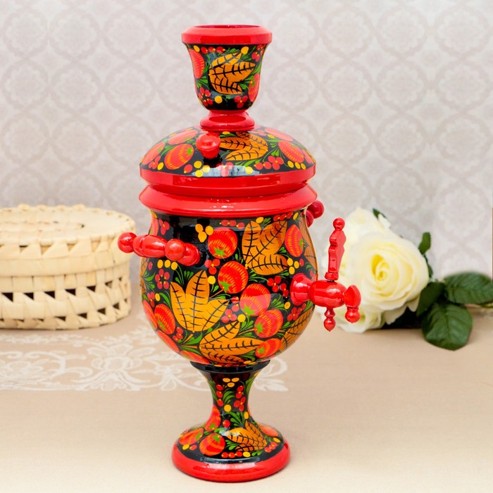 Сувенир «Самовар», декоративный, 30 см, чёрный фон, хохлома