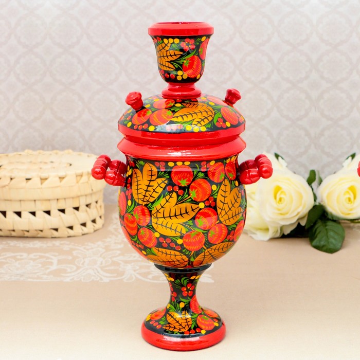 Сувенир «Самовар», декоративный, 30 см, чёрный фон, хохлома