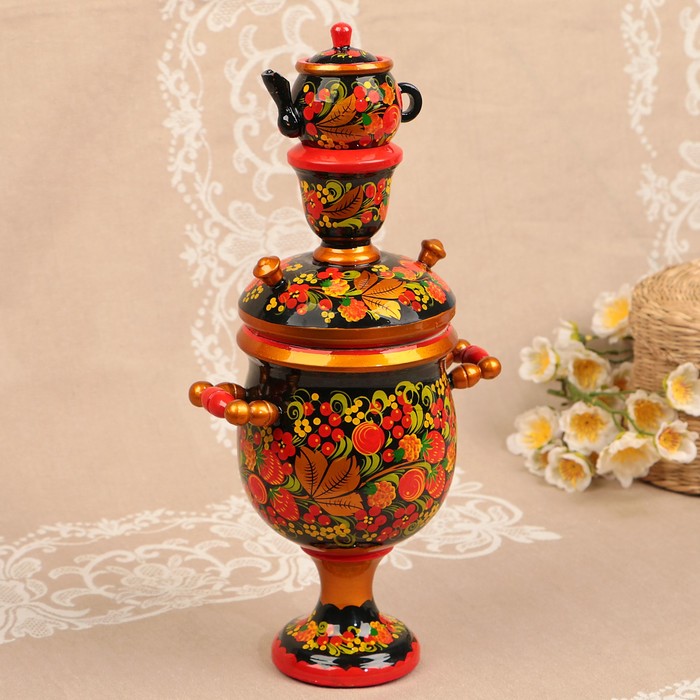 Сувенир «Самовар», декоративный, 30 см, чёрный фон, хохлома