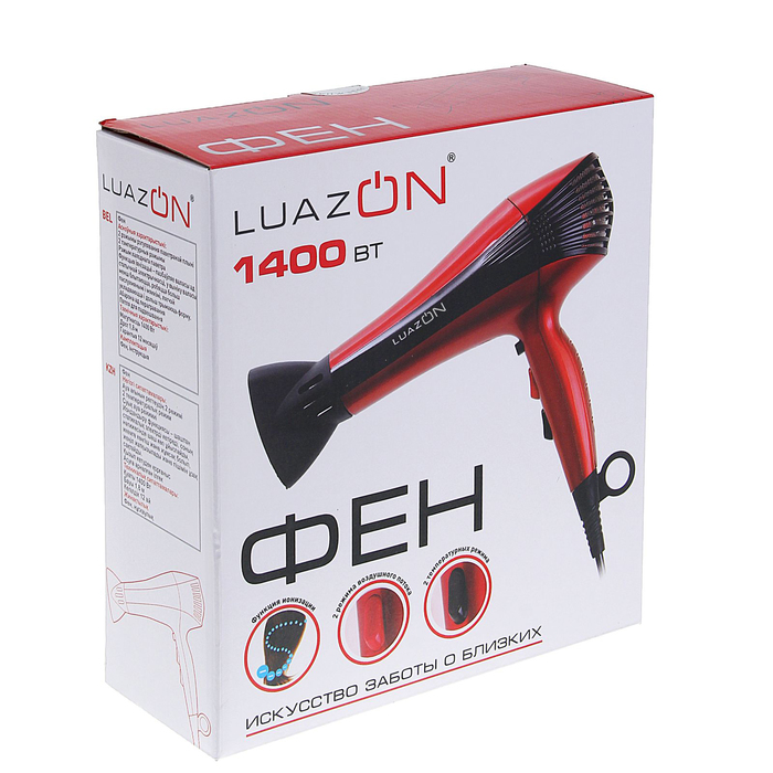 Фен для волос LuazON LF-21, 1400 Вт, 2 скорости, 3 темп. режим, ионизатор, чёрно-красный