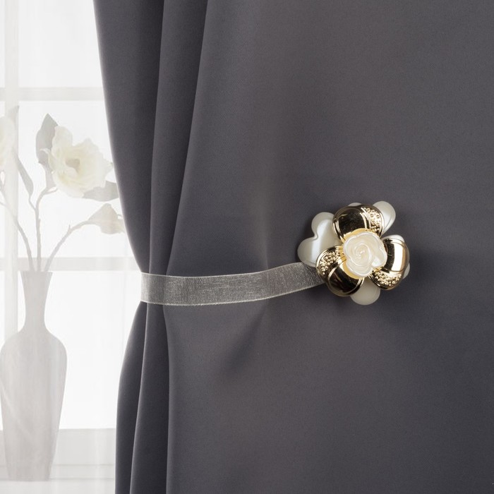 Подхват для штор на ленте "Роза с золотыми лепестками", d=6см, цвет бежевый