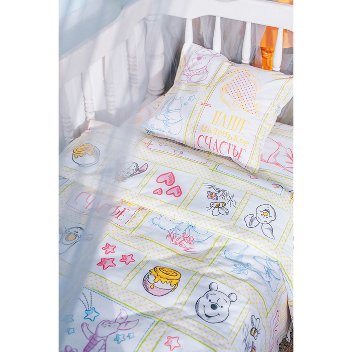 Постельное бельё "Наше счастье", размер 112х147 см, 100х150 см, 40х60 см-1 шт., 100% хлопок, поплин 125 г/м2, Медвежонок Винни и его друзья