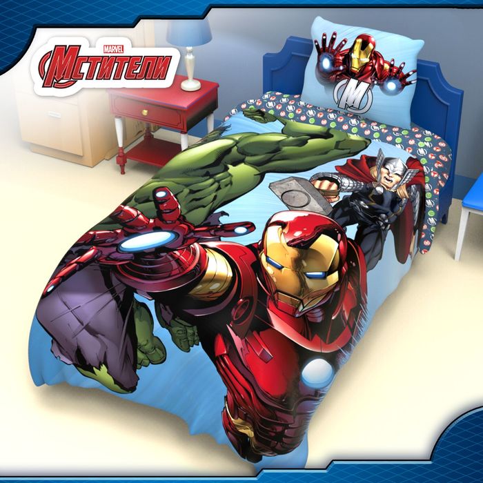 Постельное бельё "Команда Мстители" 1,5 сп., размер 143х215 см, 150х214 см, 50х70 см -1 шт, 100% хлопок, поплин 125 г/м2