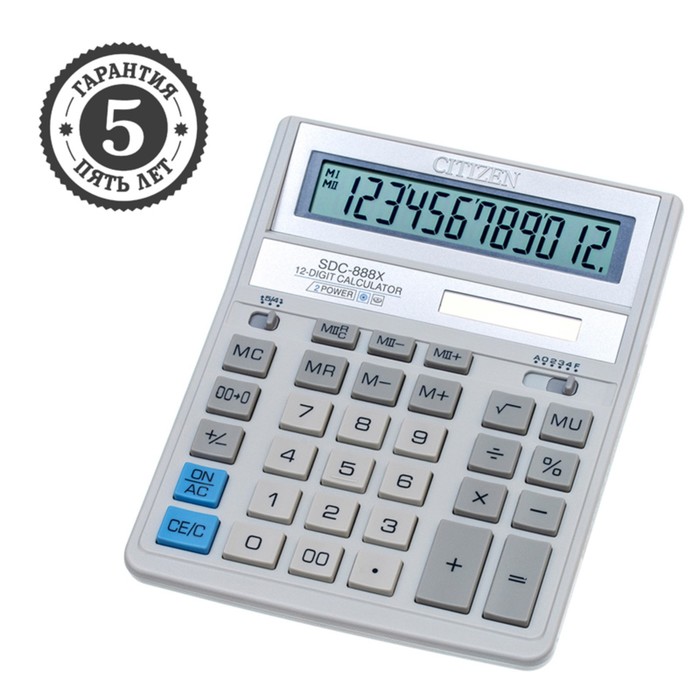 Калькулятор настольный Citizen SDC-888XWH, 12-разрядный, 158 х 203 х 31мм, двойное питание, белый